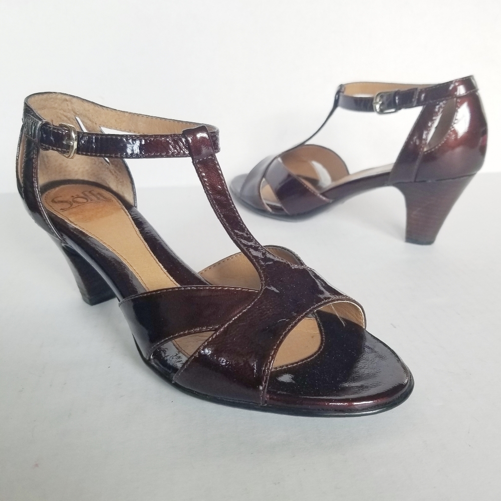 Sofft Brown Patent Leather Open Toe Heel Size 8